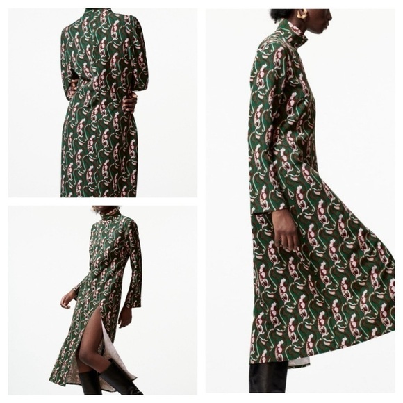 ZARA NWT Front Slit Printed Midi Dress Green size XS - Picture 1 of 17
